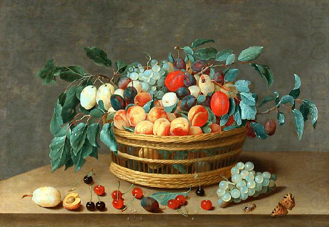Basket with fruit and plum leaves, Isaak Soreau